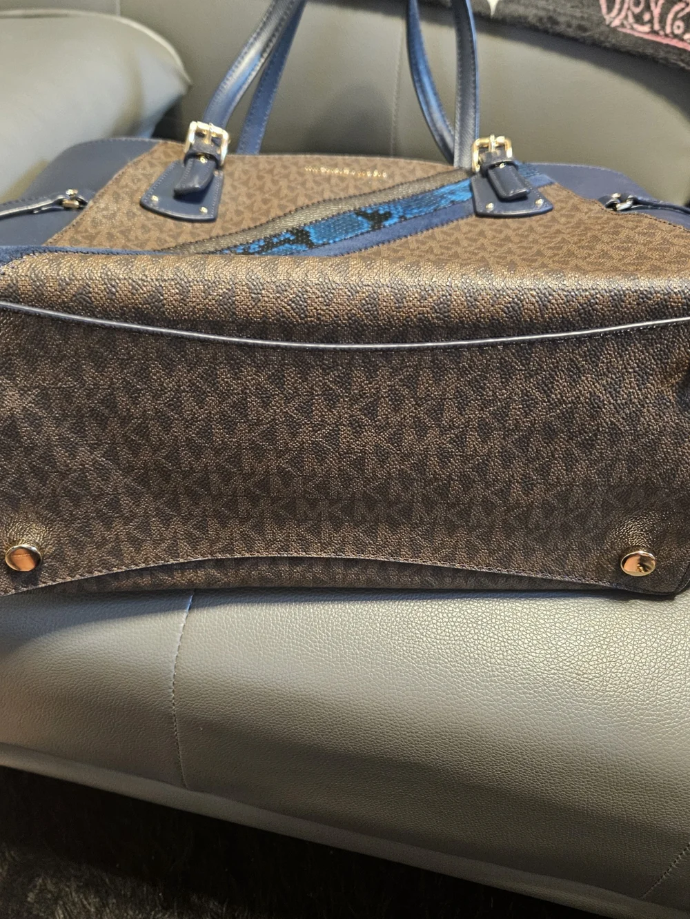 Michael Kors Blue and Brown Signature Tote with Snake-Print Accent And Wallet
